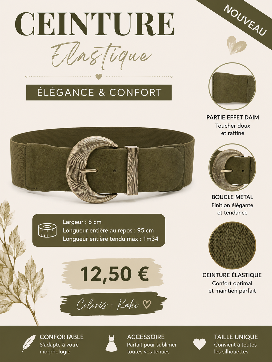 ✨ CEINTURE ÉLASTIQUE Kaki – ÉLÉGANCE & CONFORT ✨