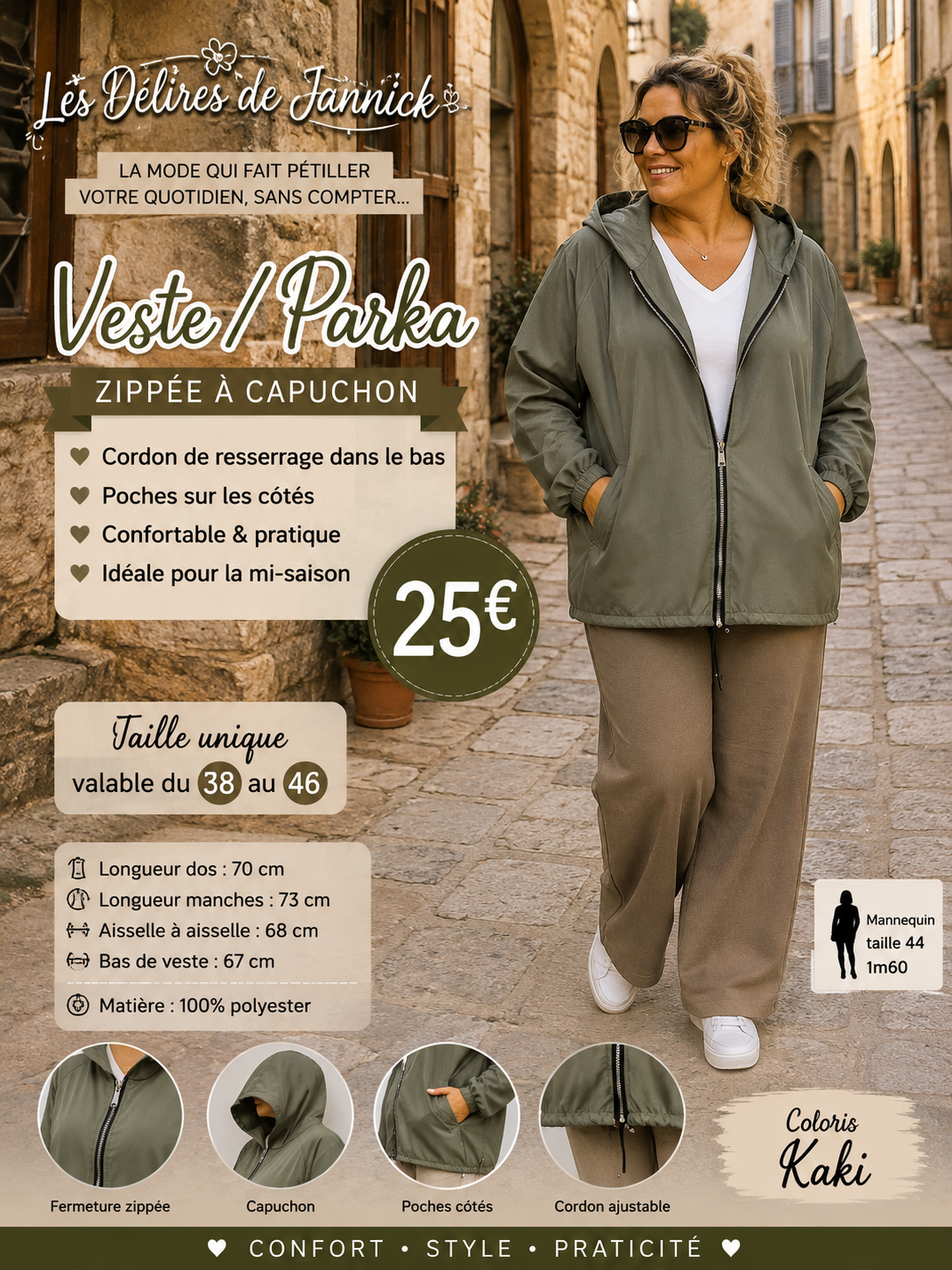 *55 ✨ VESTE / PARKA ZIPPÉE À CAPUCHON – Kaki ✨