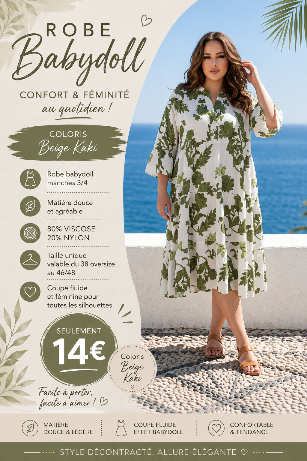 🌿 Robe Babydoll – Beige Kaki