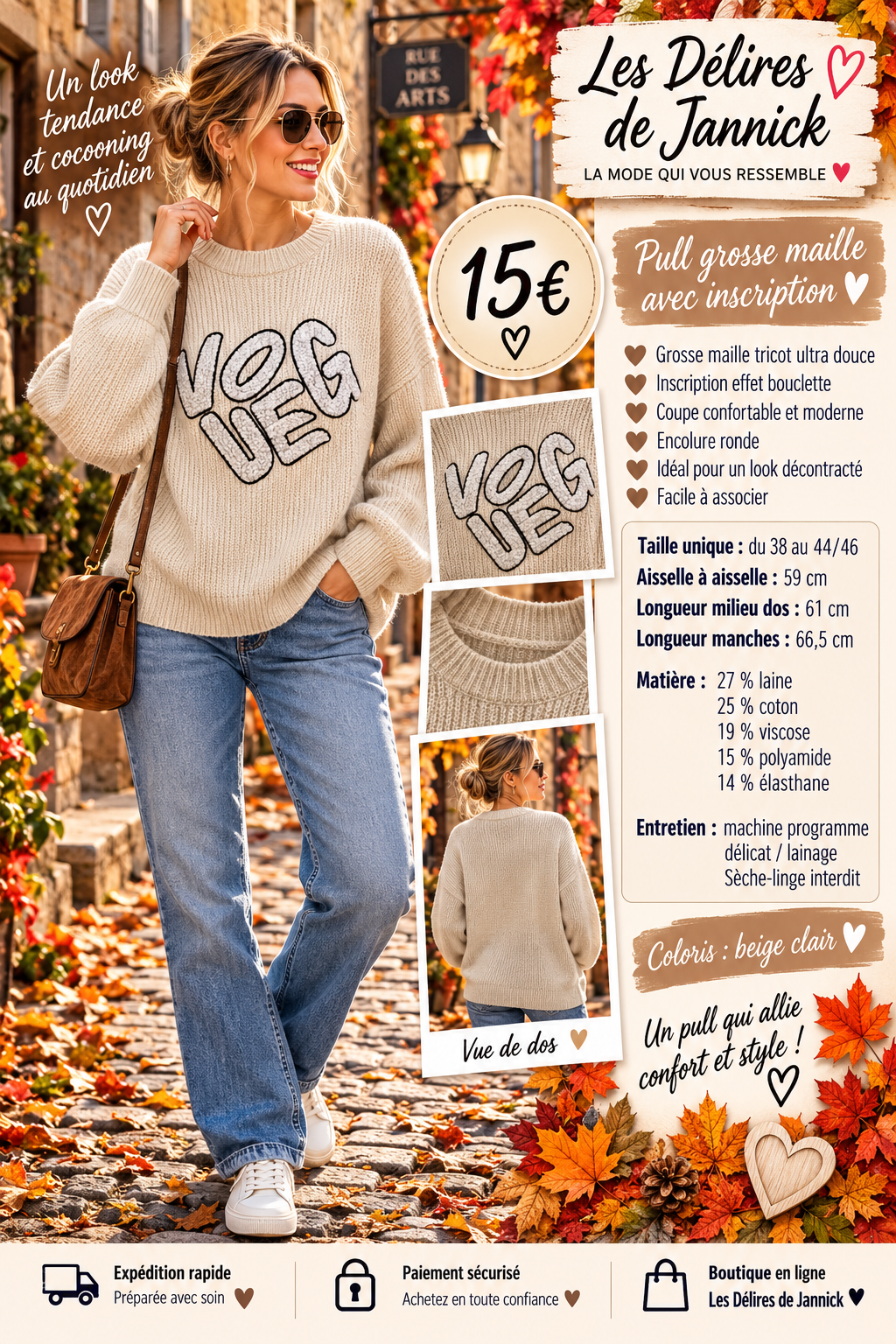 147 đđ€ NOUVEAUTĂ â LE PULL GROSSE MAILLE QUâON ADORE ! đ€đColoris BEIGE
