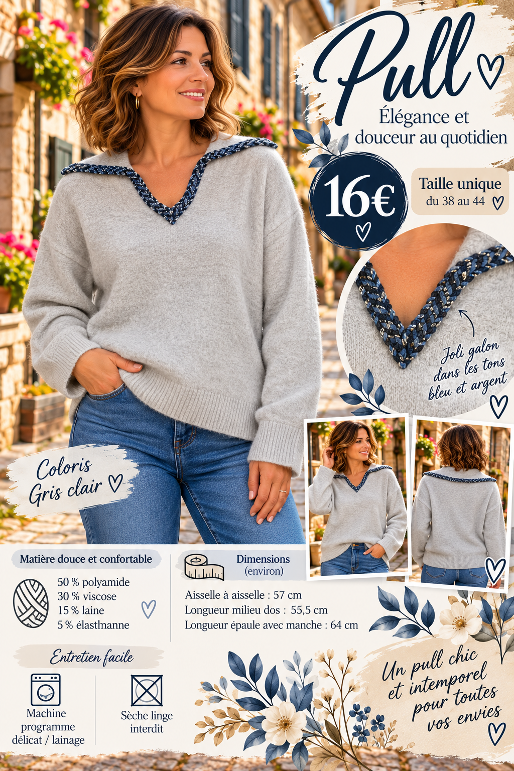 171 🌸 PULL DOUX – DÉTAIL GALON BLEU & ARGENT 🌸Coloris GRIS