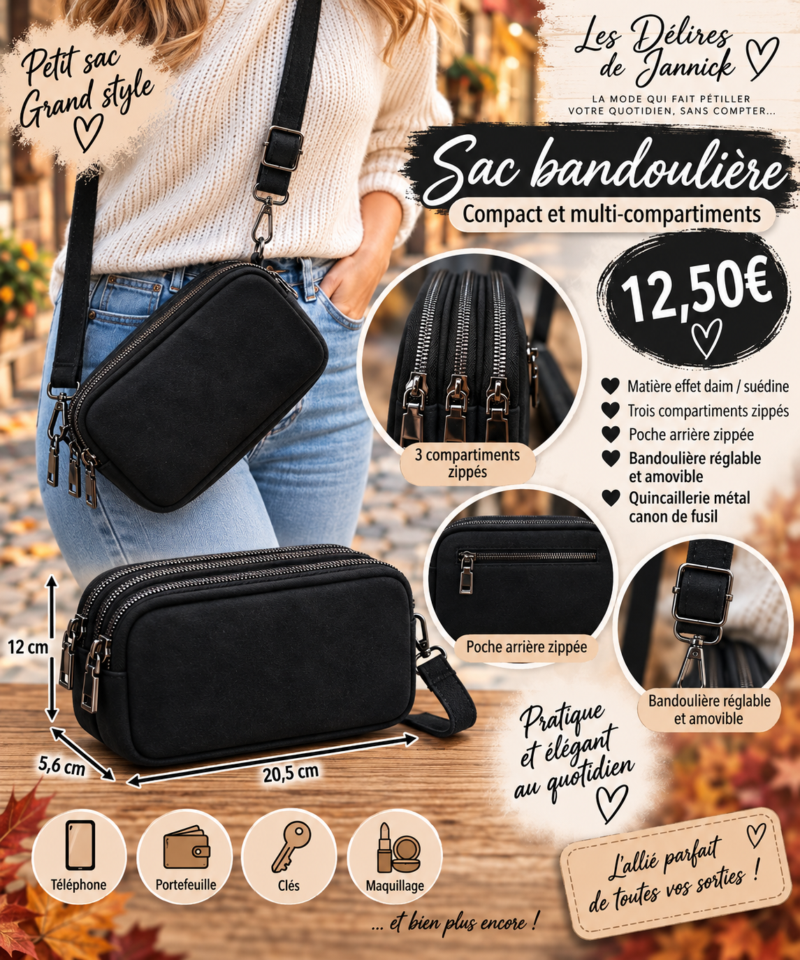 👜 Sac bandoulière compact – effet daim / suédine Coloris noir