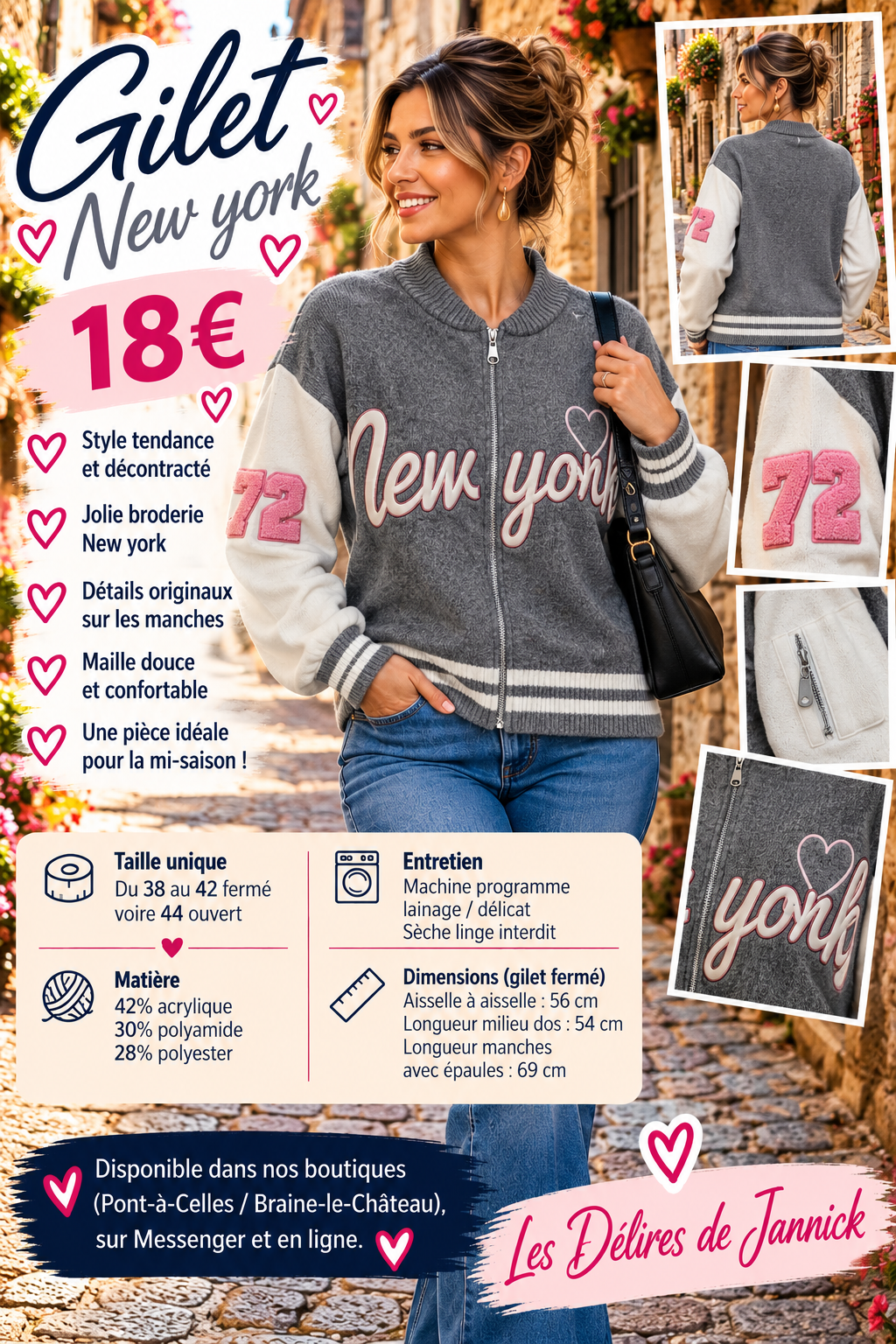 205 🌸 Gilet zippé « New York » – Doux & tendance ❤️Coloris GRIS
