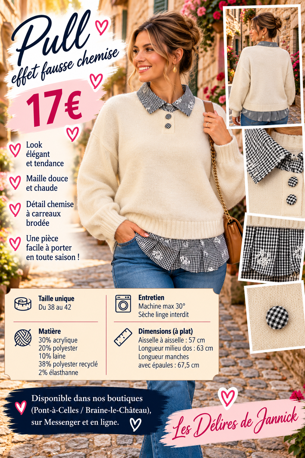 196 đž PULL EFFET FAUSSE CHEMISE â ĂLĂGANCE &CONFORT đžColoris BEIGE