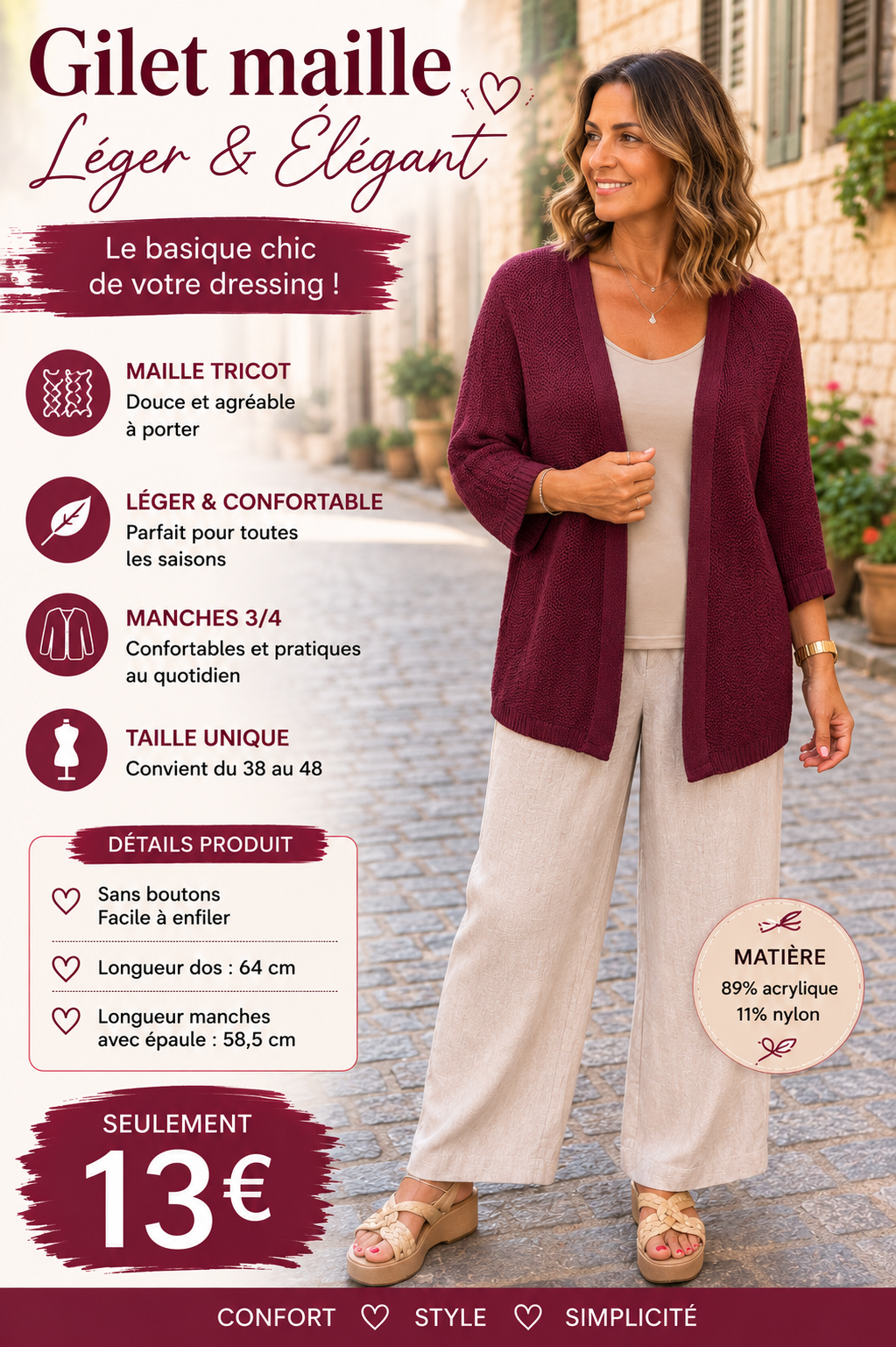 *47 ✨ Gilet Bordeau en maille – Léger, élégant & confortable ✨