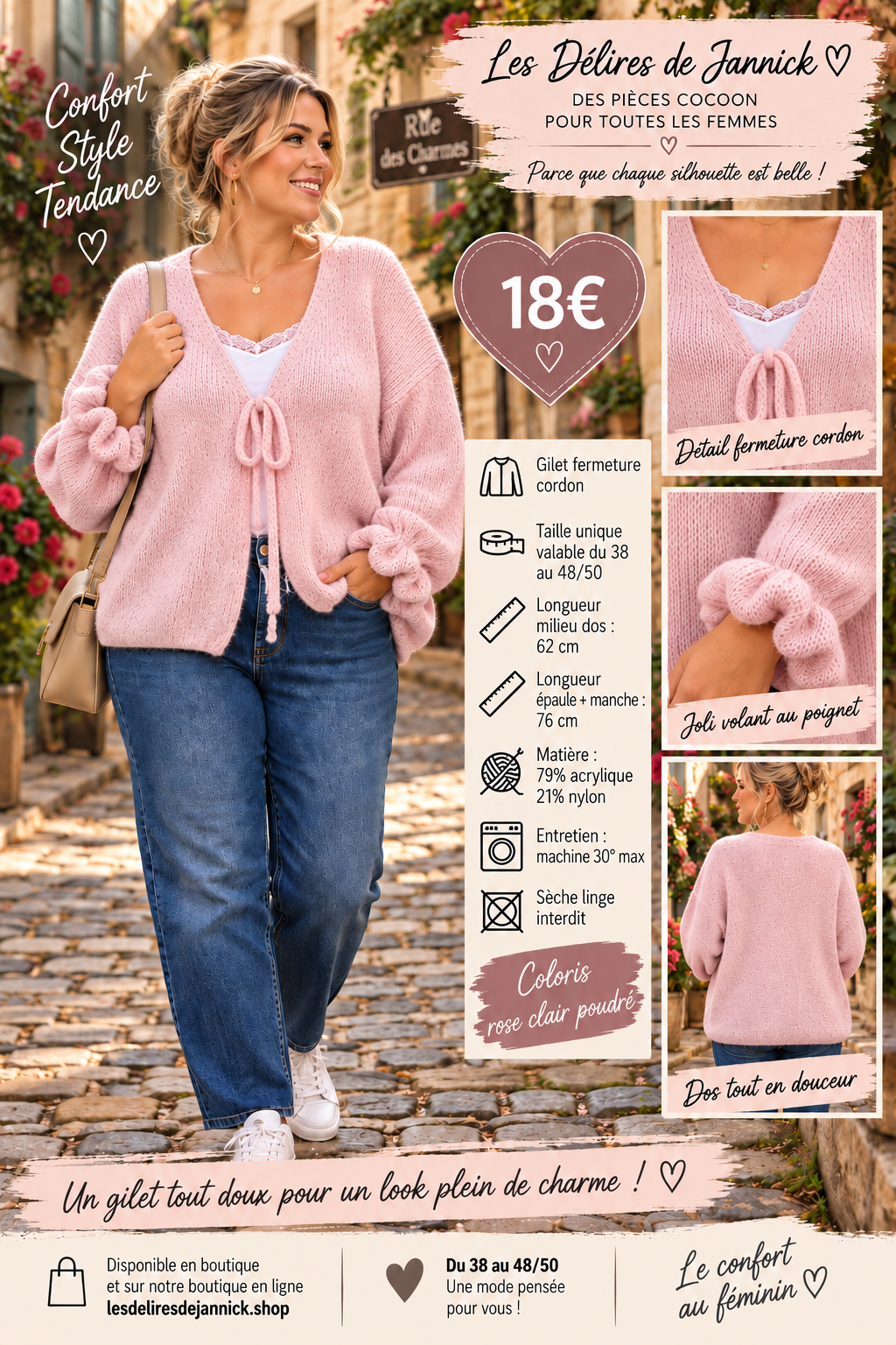 180 🌸 Gilet fermeture cordon – Douceur & féminité 🌸Coloris ROSE POUDRE