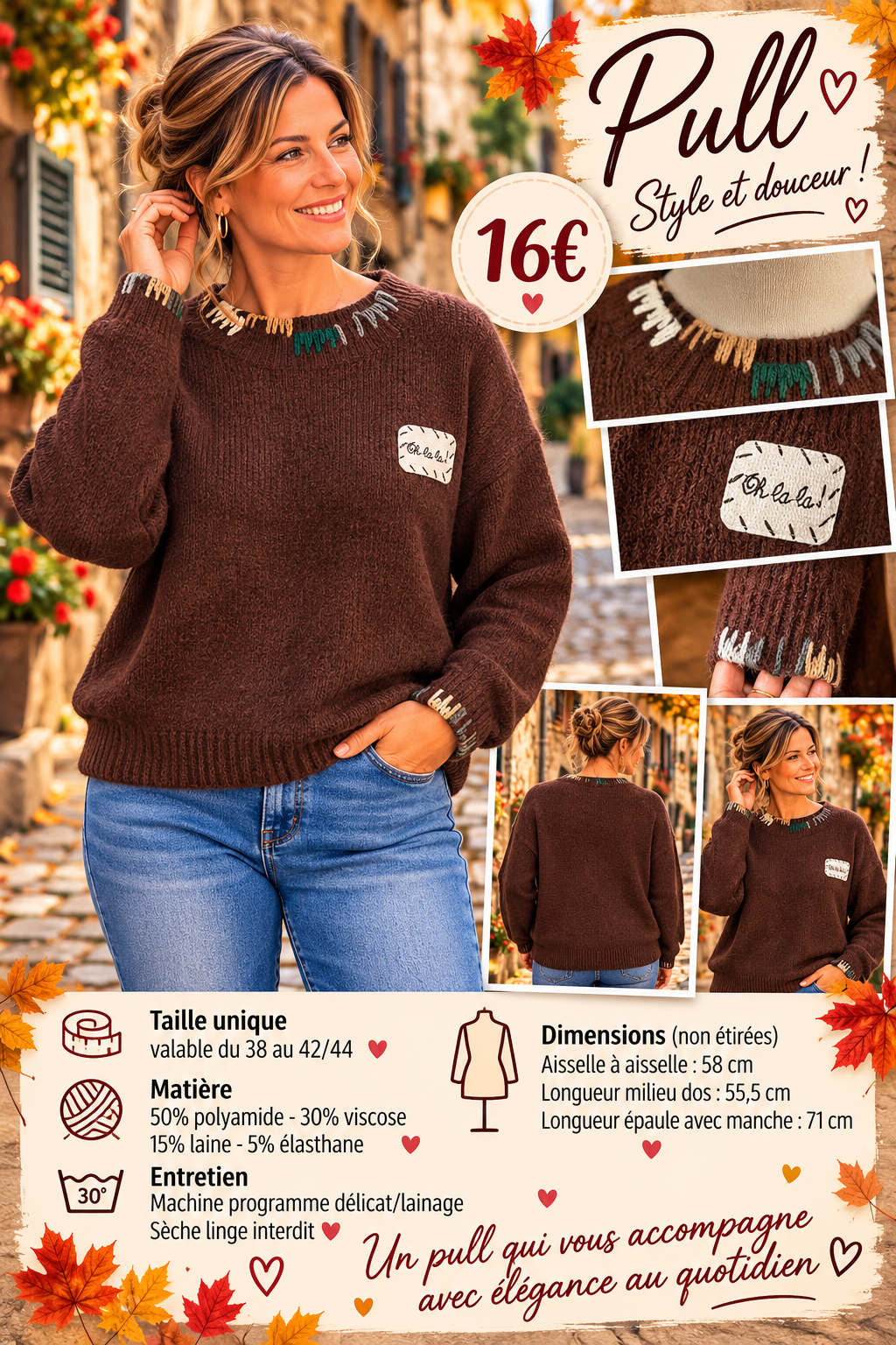 169🌸 PULL MAILLE – DÉTAILS BRODÉS 🌸Coloris CHOCO