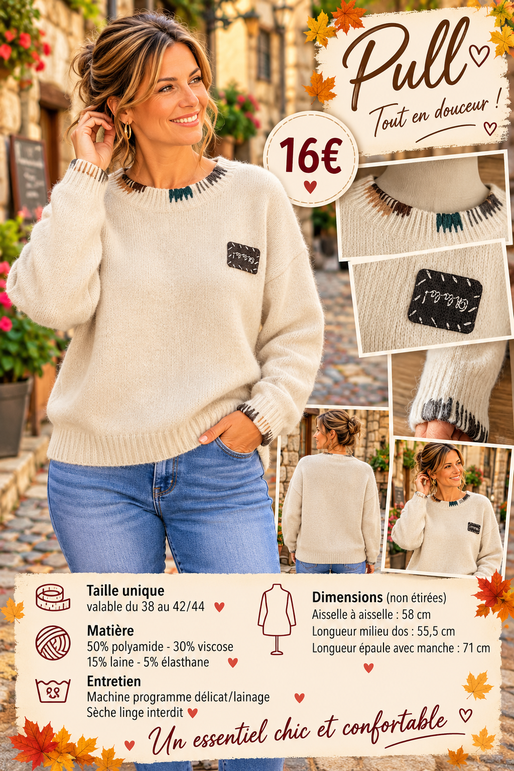 169 🌸 PULL MAILLE – DÉTAILS BRODÉS 🌸Coloris BEIGE