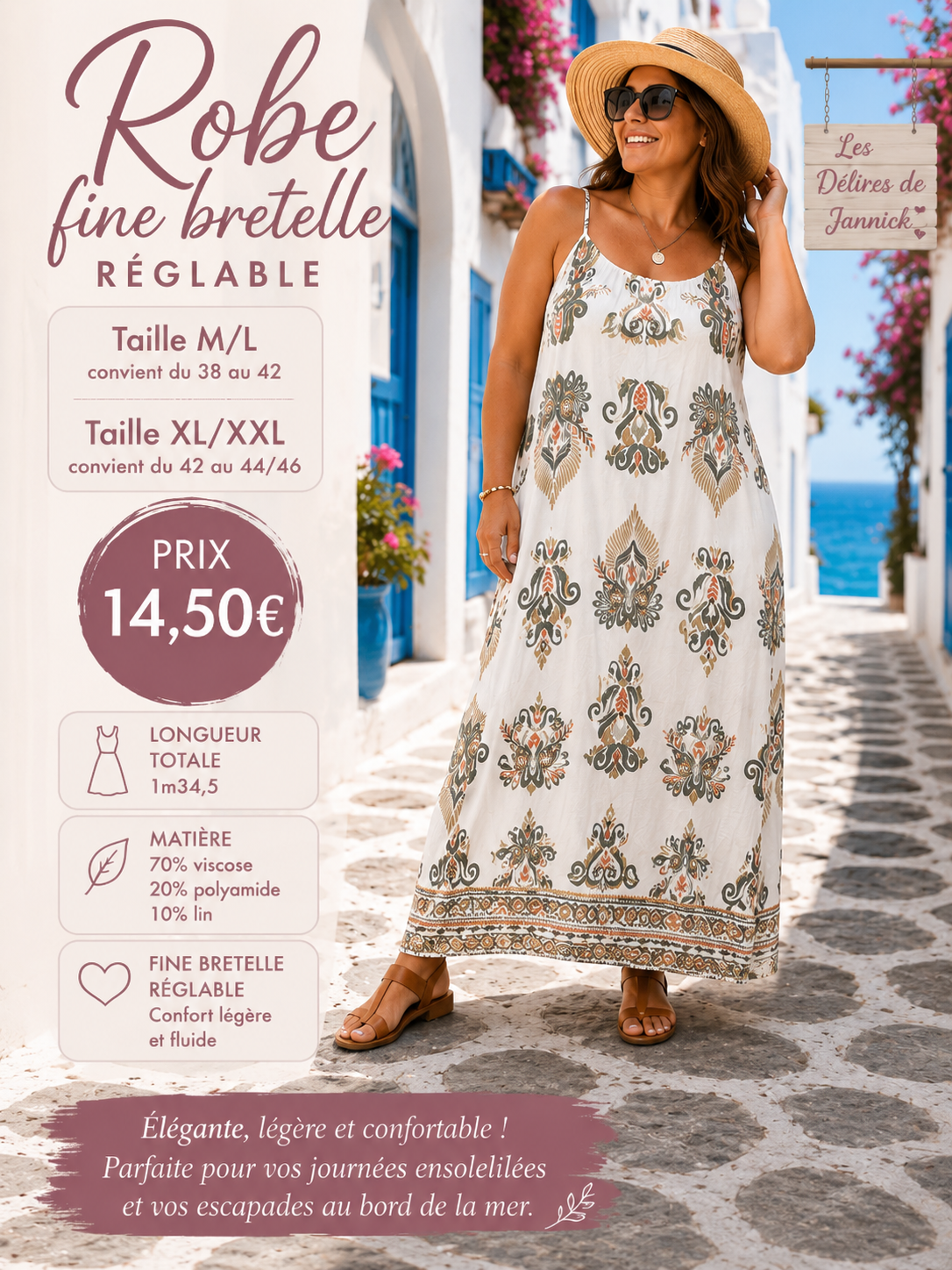 *42 🌿 Robe KaKI longue à fines bretelles réglables – Esprit bohème chic