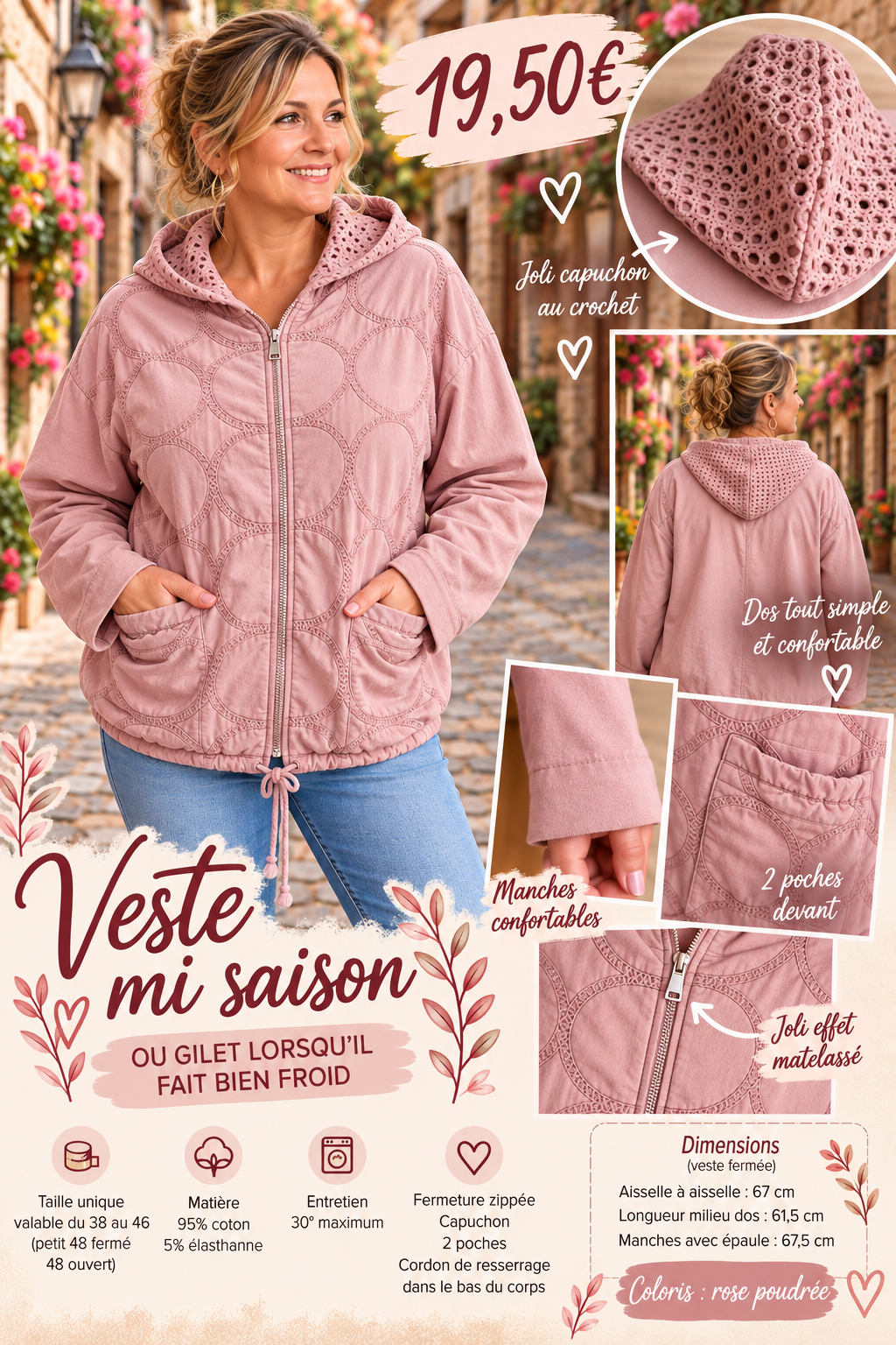 193 🌸 VESTE MI-SAISON / GILET À CAPUCHE – EFFET MATELASSÉ 🌸Coloris ROSE POUDRER