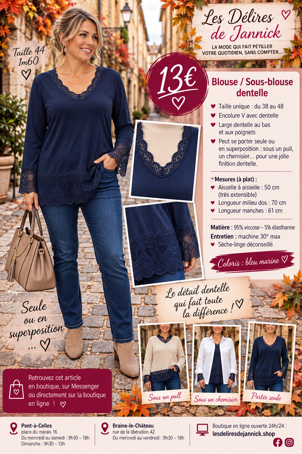130 BLOUSE / SOUS-BLOUSE DENTELLE – L’ÉLÉGANCE JUSQU’AU MOINDRE DÉTAIL 🤍Coloris MARINE