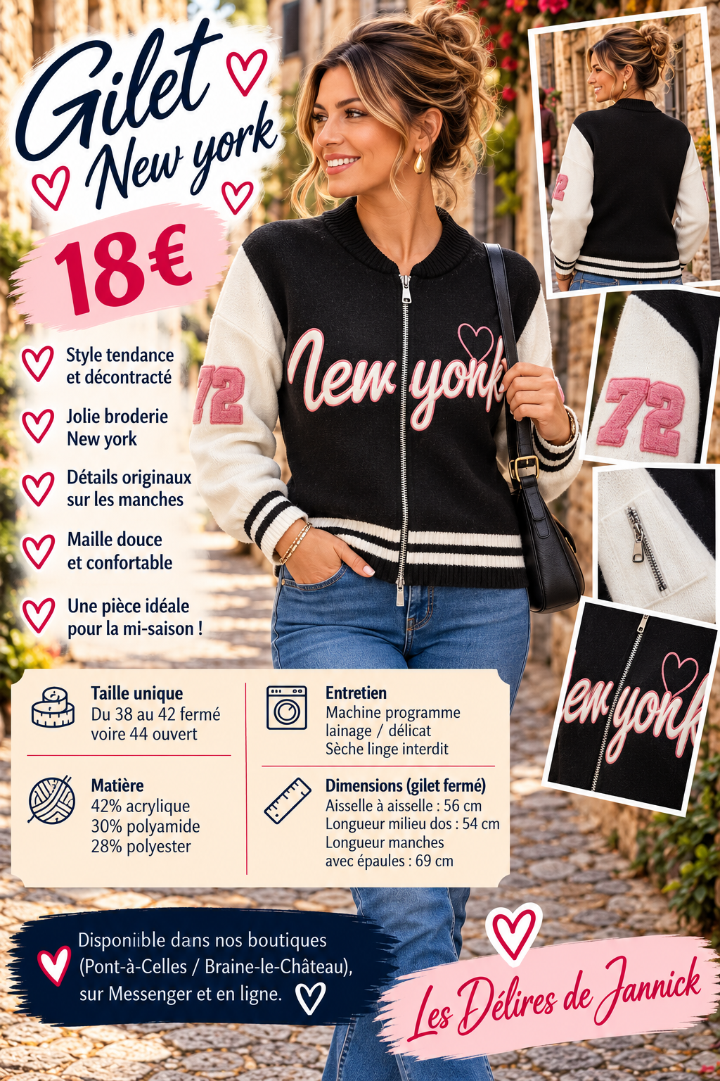 205 🌸 Gilet zippé « New York » – Doux & tendance ❤️Coloris NOIR