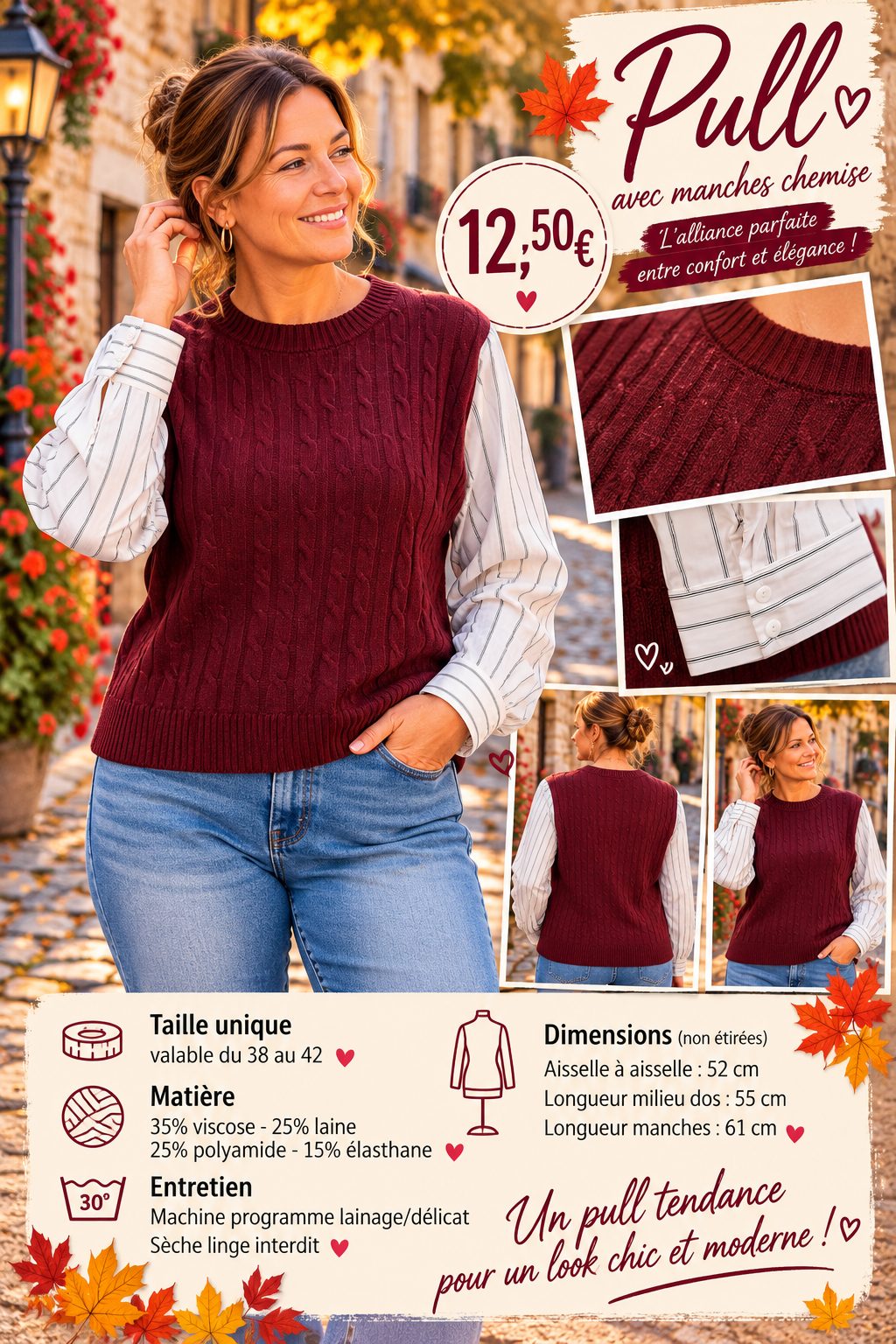 170 🌸 PULL EFFET TORSADÉ AVEC MANCHES CHEMISE 🌸Coloris BORDEAU