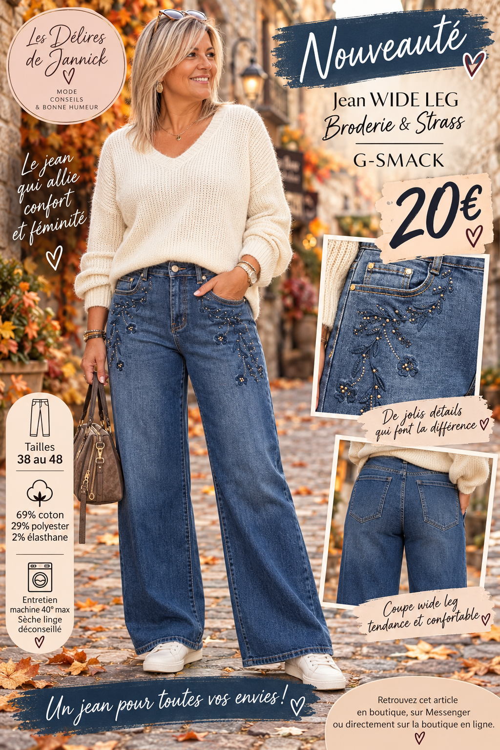 151 💙 NOUVEAUTÉ – JEANS WIDE LEG BRODÉ & STRASS 💙