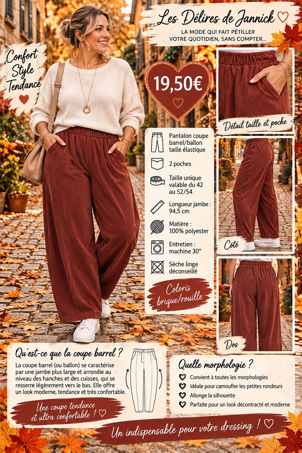132 🌸 NOUVEAUTÉ – PANTALON COUPE BARREL / BALLON 🌸Coloris BRIQUE/ROUILLE