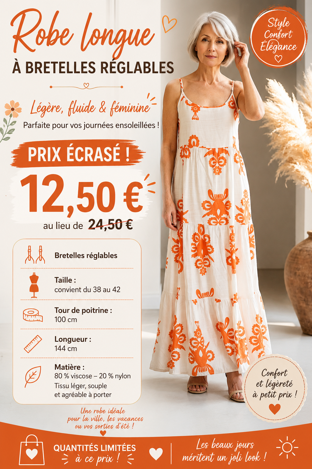 🌸 Robe Longue à Bretelles Réglables – Élégance & Confort 🌸