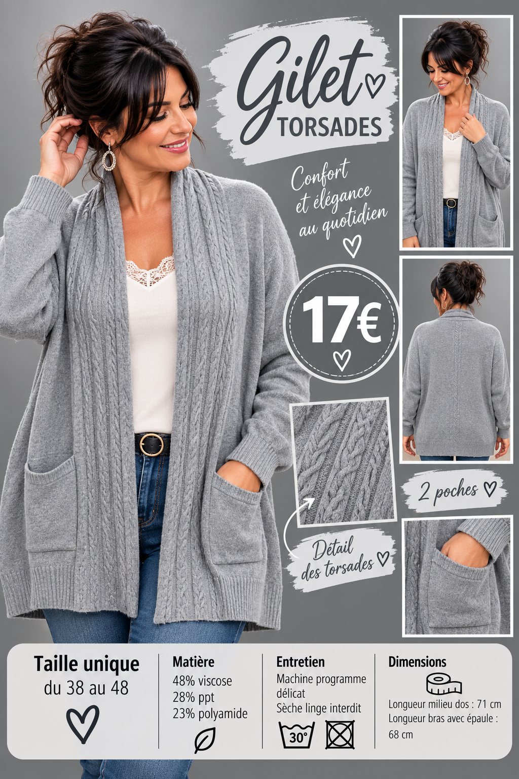 217 Gilet long en maille fine avec col torsadé et poches – Taille unique Coloris GRIS