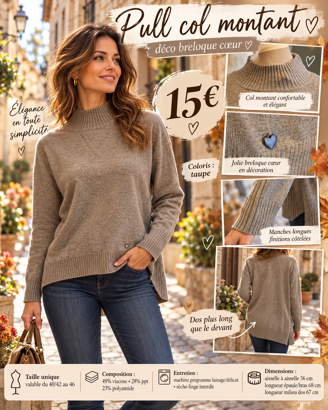 218 🌸 Pull col montant – Élégance et douceur 🌸Coloris TAUPE