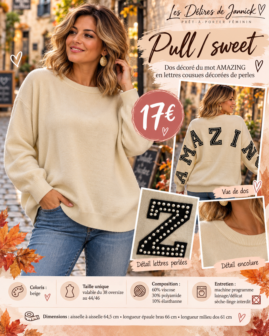 237 🌸 Pull / Sweat AMAZING – Douceur et originalité 🌸Coloris BEIGE