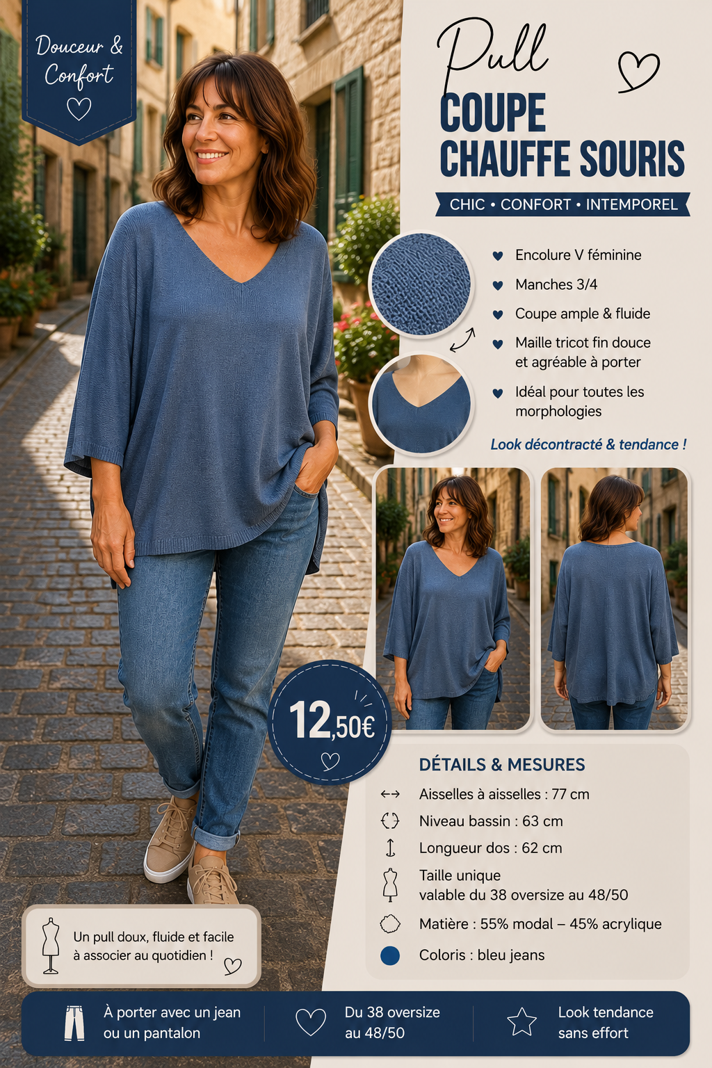 *59 💚 Pull coupe chauve-souris – Coloris bleu jeans