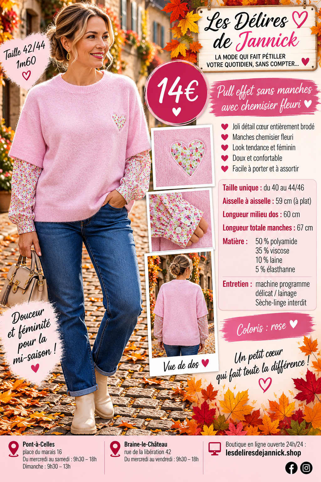139 🌸 PULL EFFET SUPERPOSÉ AVEC MANCHES CHEMISIER FLEURI 🌸Coloris ROSE