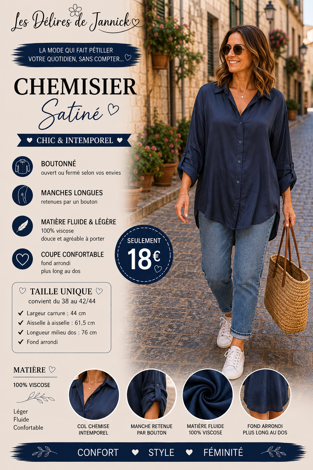 *53 ✨ Chemisier satiné – Coloris bleu marine ✨