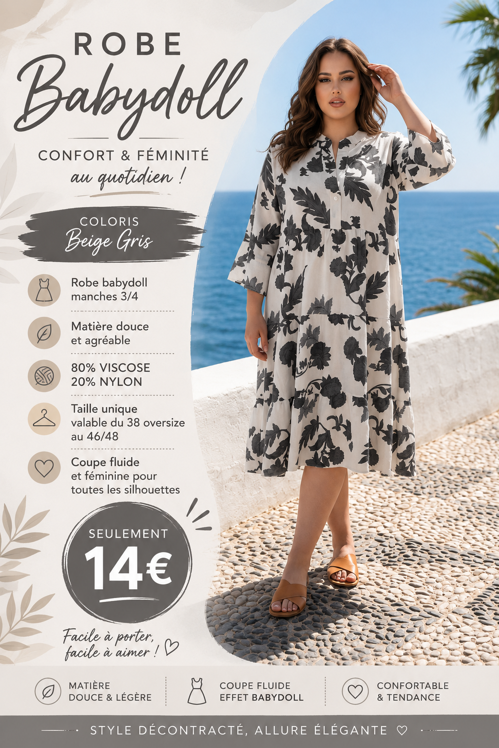 🌿 Robe Babydoll – Beige anthracite