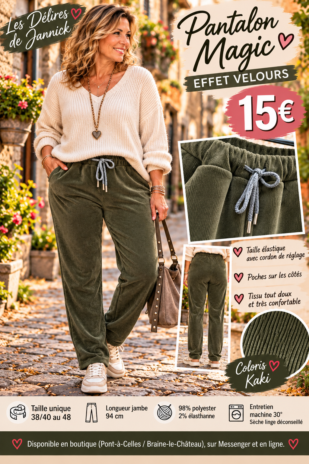 212 ❤️ Pantalon Magic effet velours – Confort &douceur ❤️Coloris KAKI