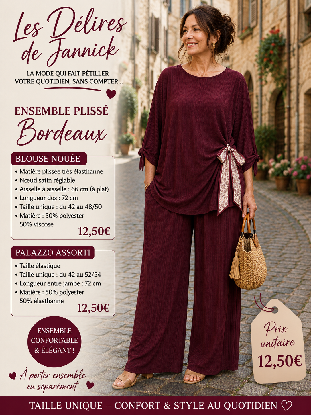 *52 ✨ PALAZZO Bordeau PLISSÉ – CONFORT & ÉLÉGANCE ✨