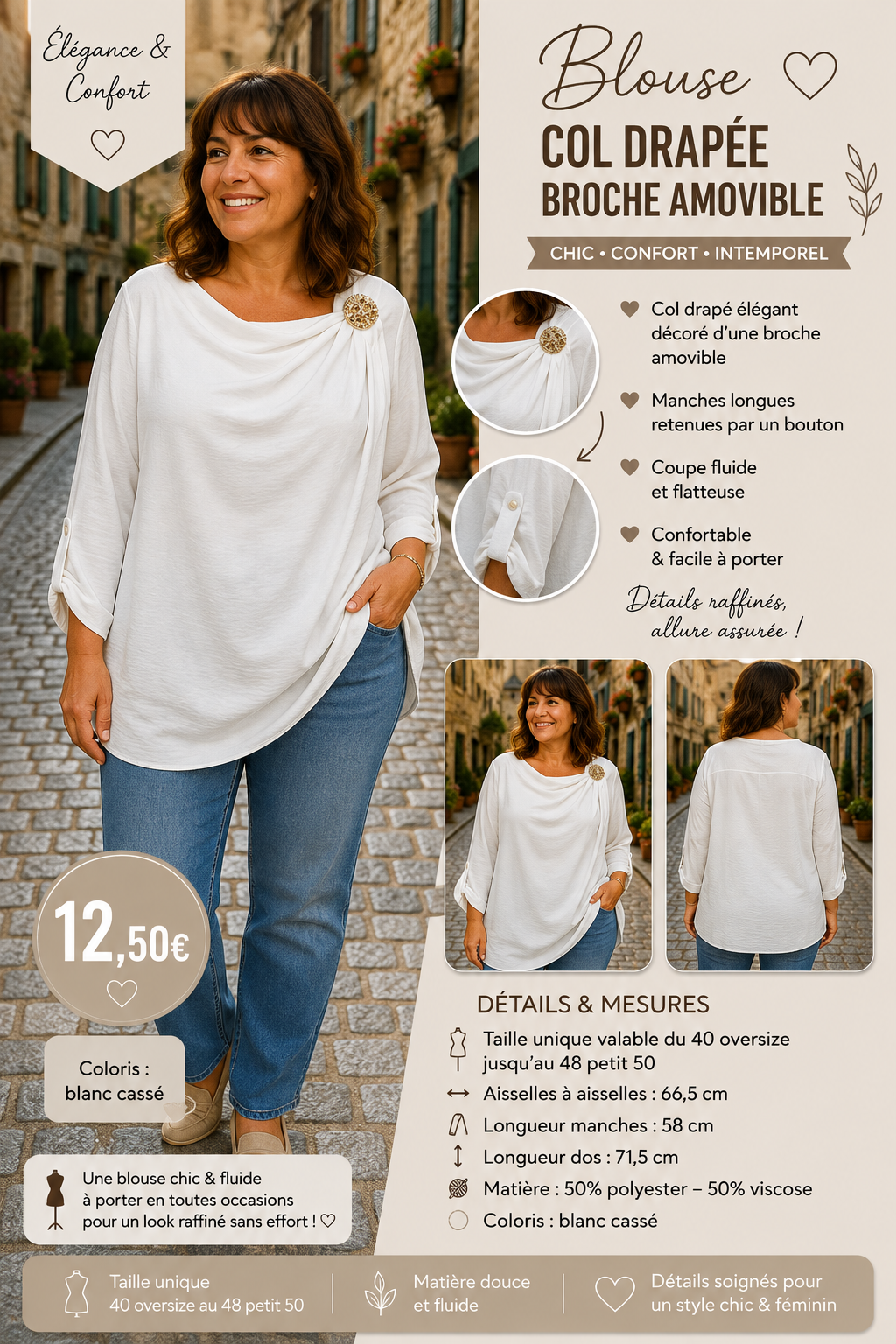 *63 đ€ Blouse col drapĂ© & broche dorĂ©e â Blanc cassĂ©
