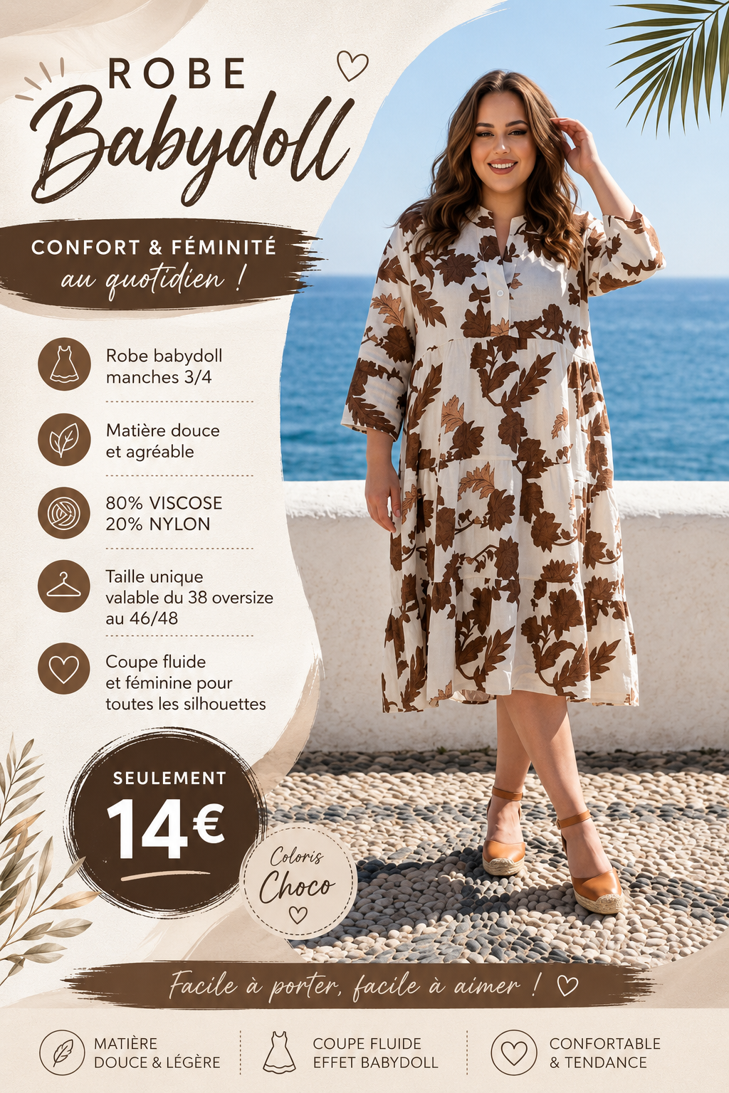 🌿 Robe Babydoll – Beige choco