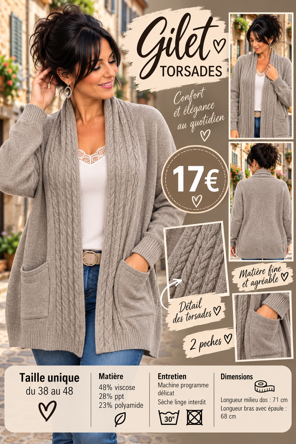 217 Gilet long en maille fine avec col torsadé et poches – Taille unique Coloris TAUPE