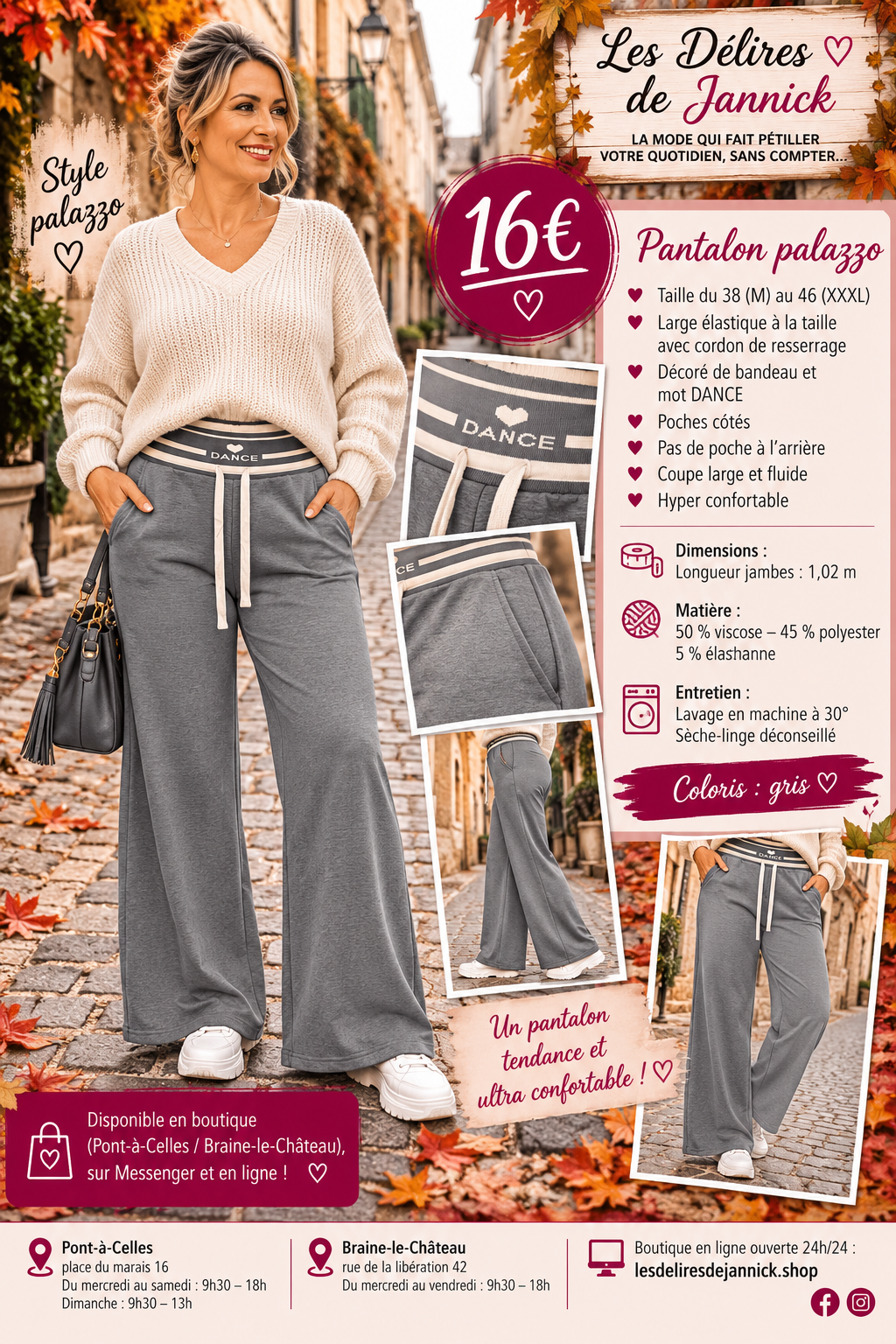 191 🌸 Pantalon Palazzo – Confort & Style 🌸Coloris fond GRIS
