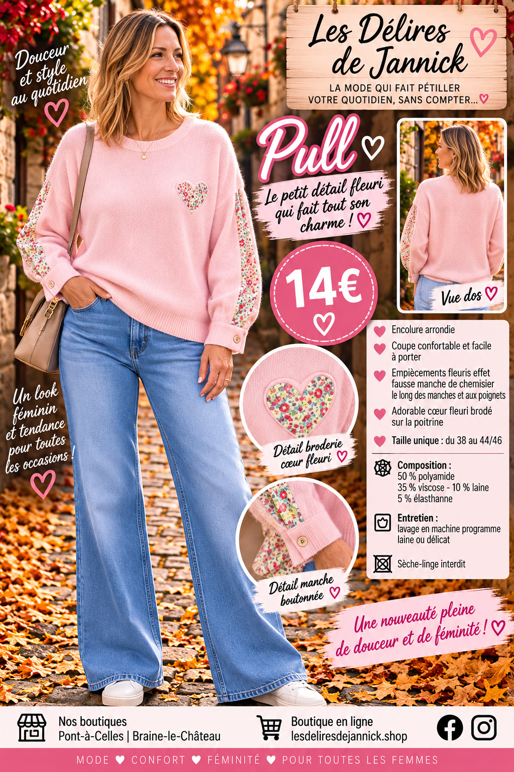 *114 🌸 PULL EFFET FAUSSE MANCHE CHEMISIER – LE PETIT DÉTAIL FLEURI QUI FAIT TOUT SON CHARME 🌸Coloris ROSE