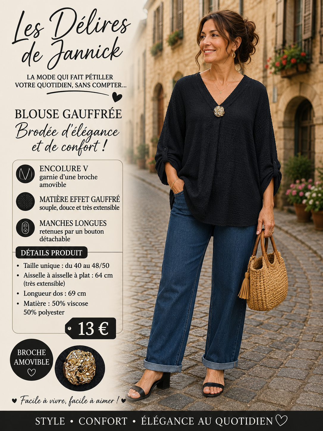*46 ✨ BLOUSE Bleu marine EFFET GAUFRÉ – ÉLÉGANTE & ULTRA CONFORTABLE ✨