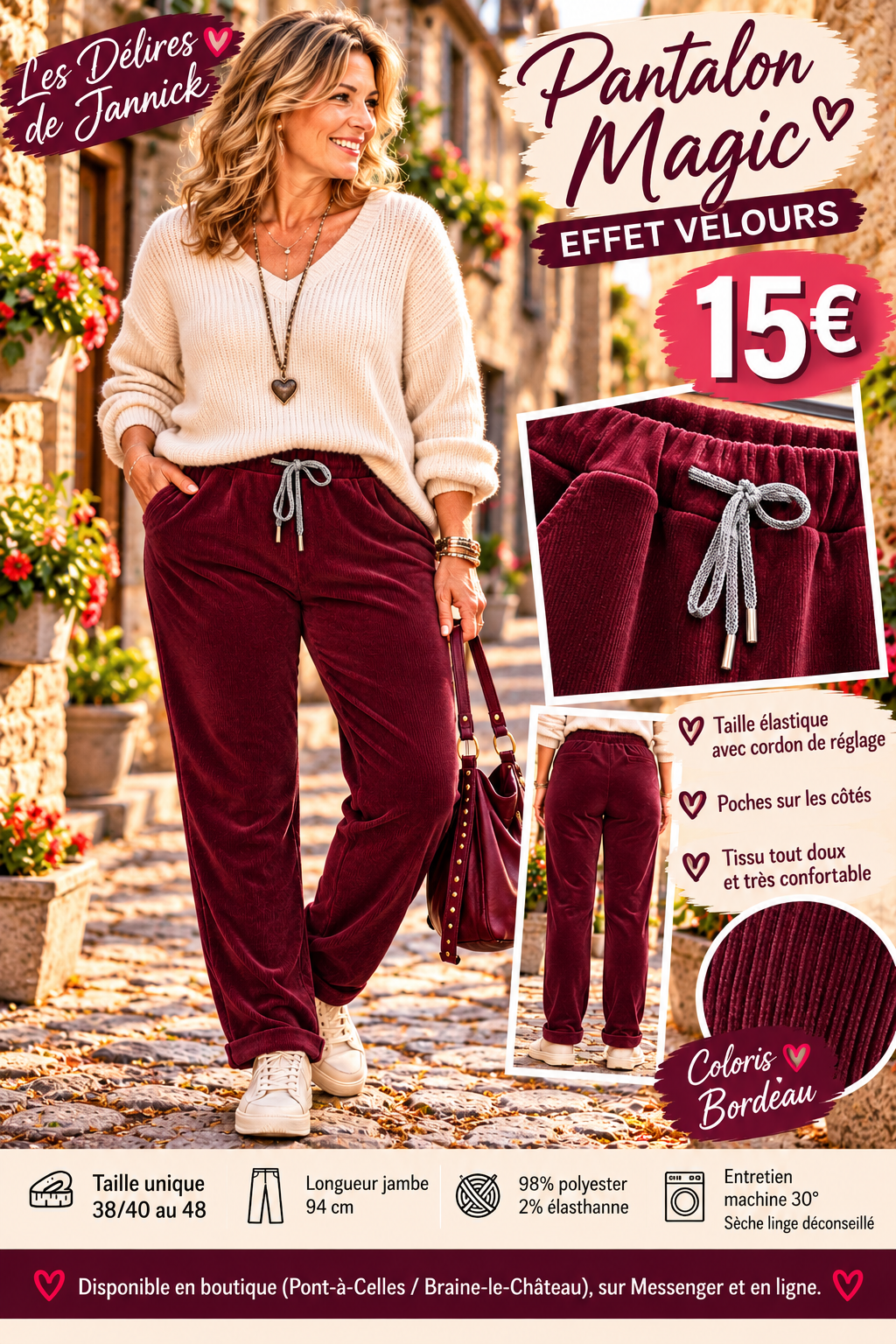 212 ❤️ Pantalon Magic effet velours – Confort & douceur ❤️Coloris BORDEAU