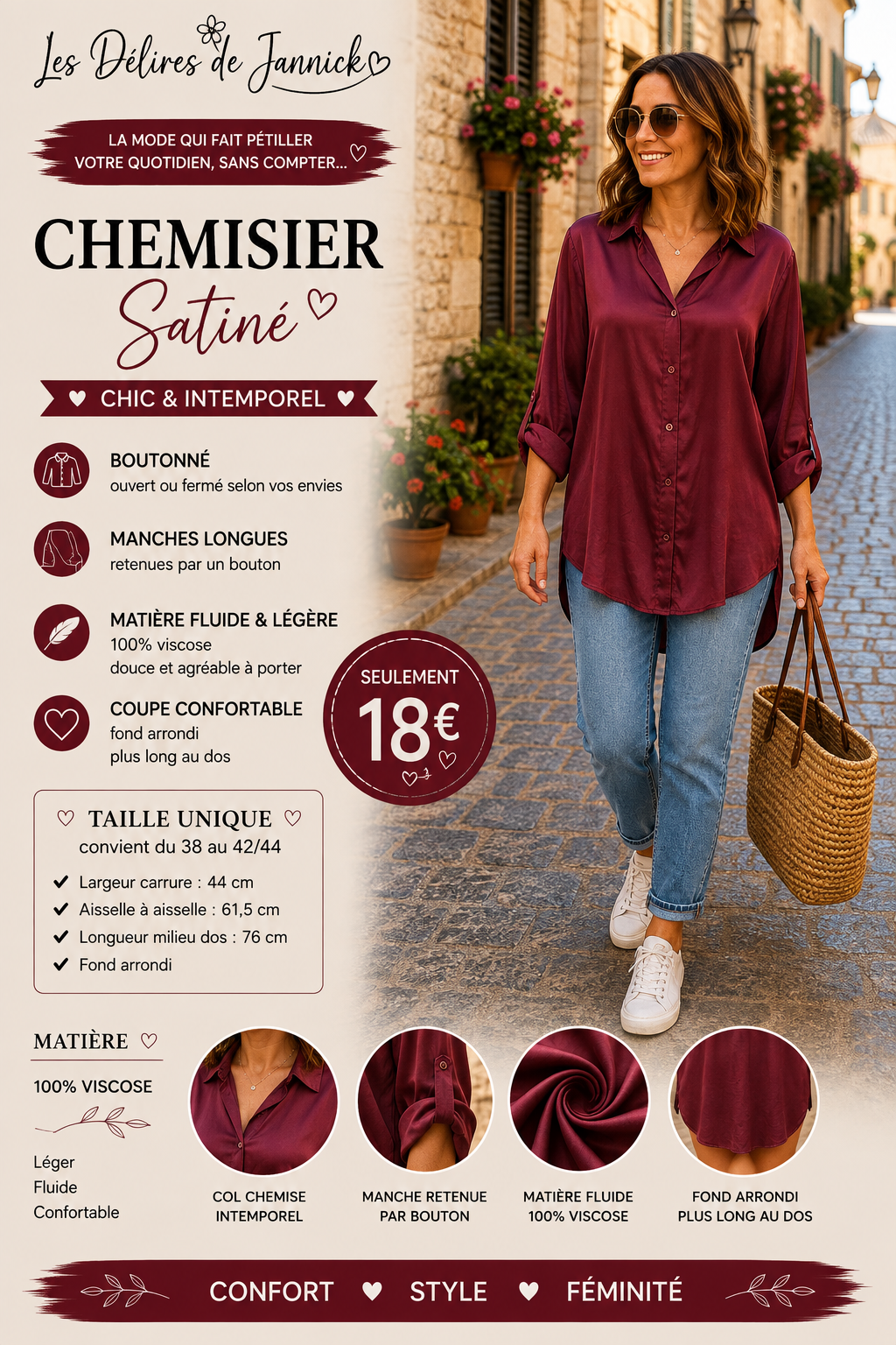 *53 ✨ Chemisier satiné – Coloris Bordeaux ✨