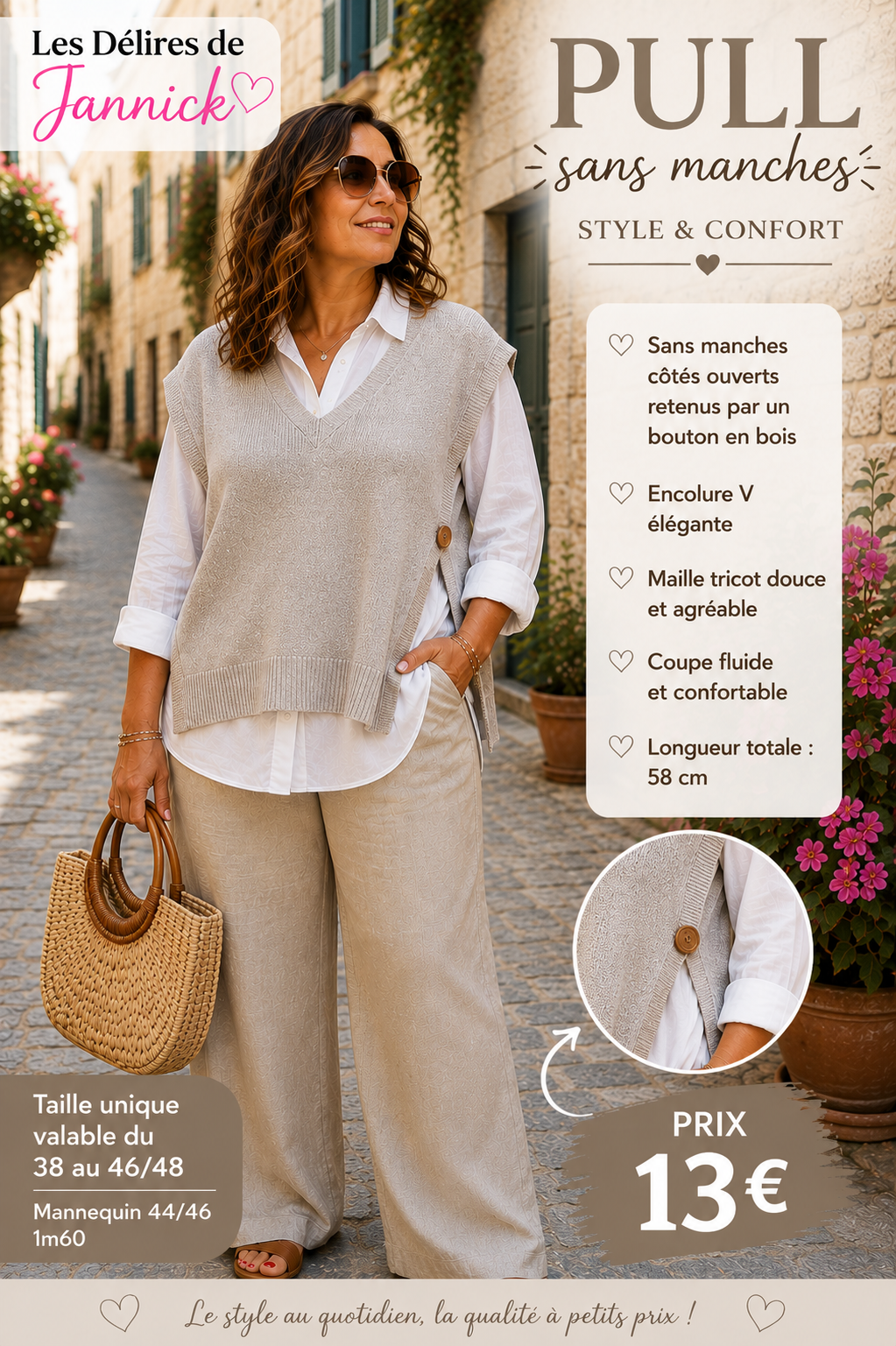 *56 ✨ Pull Taupe sans manches en maille – Chic & facile à porter ✨