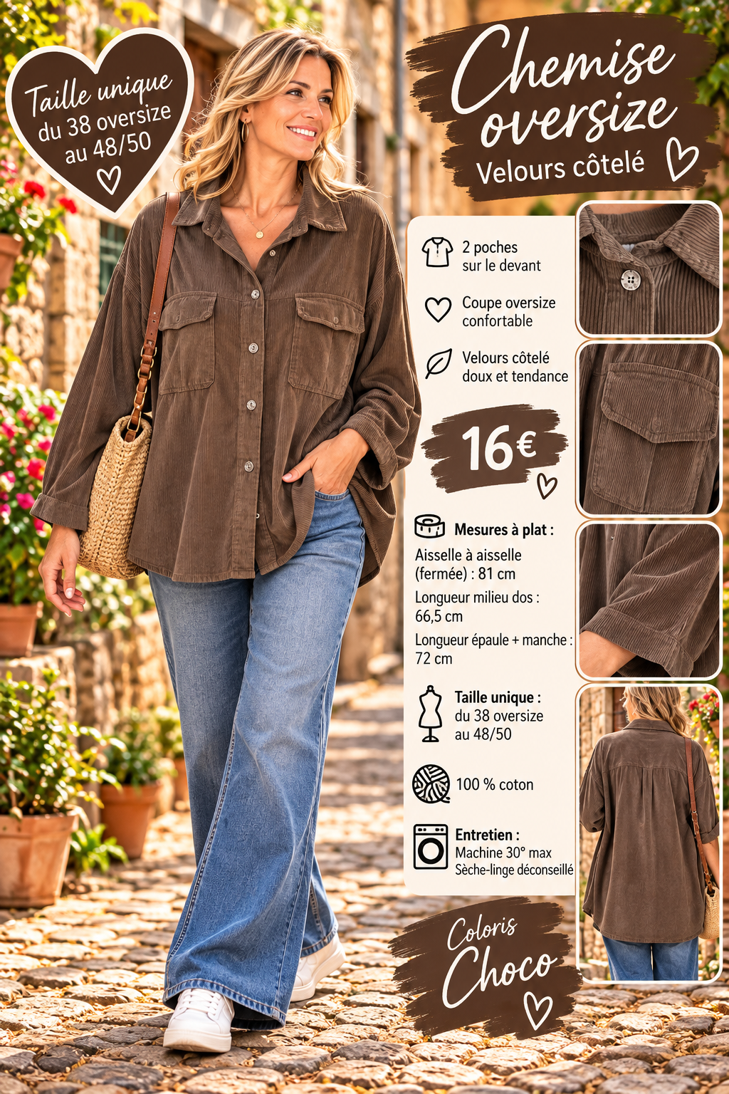 158 🌸 CHEMISE OVERSIZE EN VELOURS CÔTELÉ 🌸Coloris CHOCO