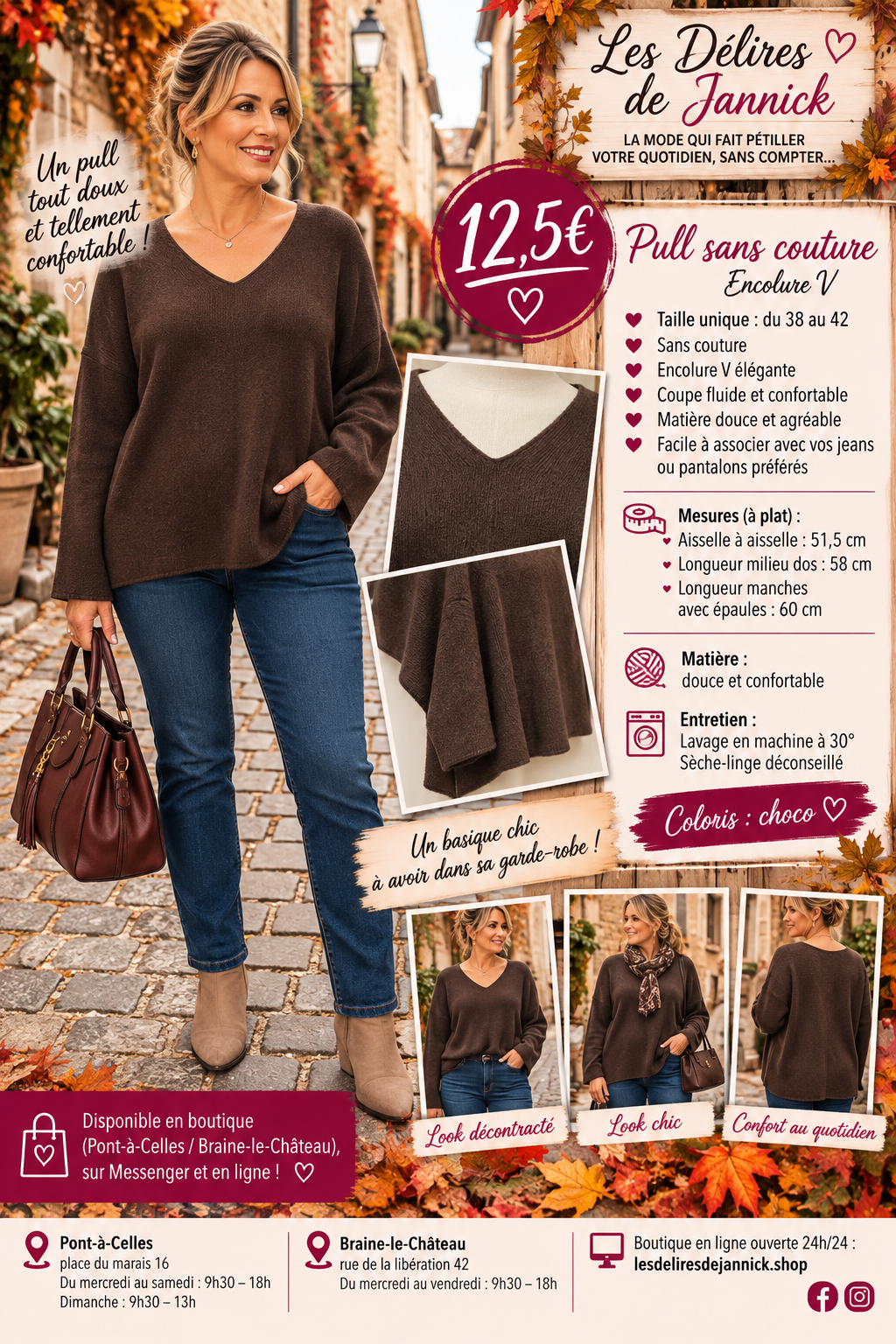 181 🌸 Pull sans couture – Encolure V 🌸Coloris CHOCO