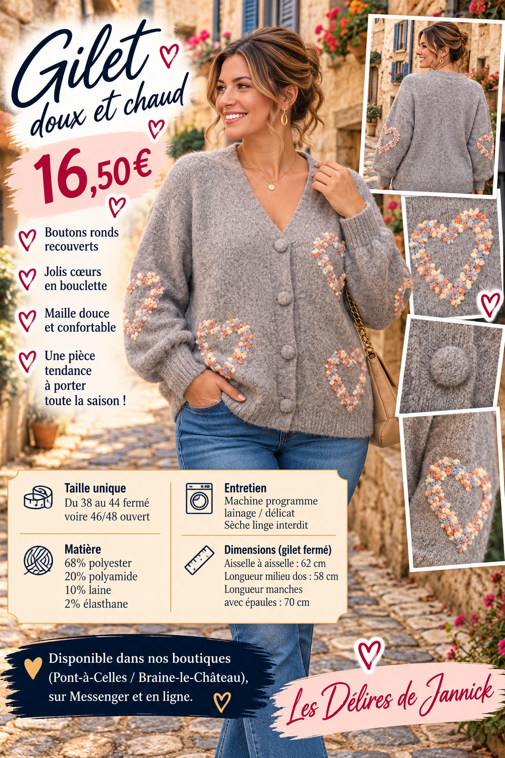 203 🌸 Gilet doux et chaud – Cœurs en bouclette 🌸Coloris TAUPE