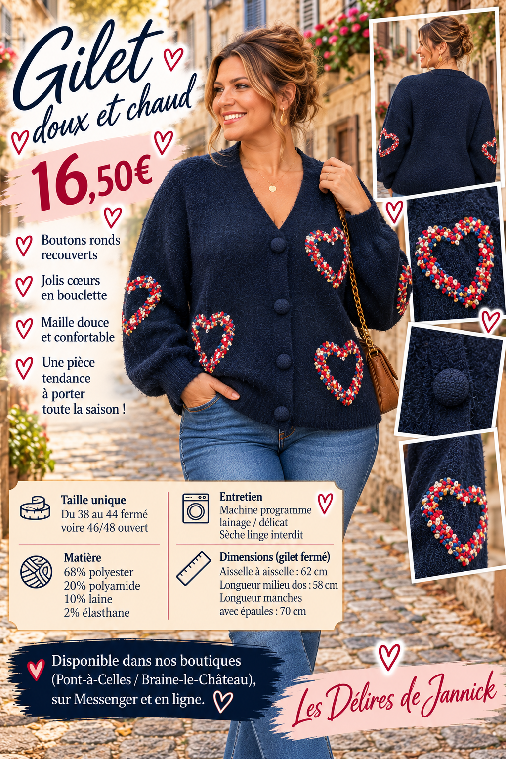 203 🌸 Gilet doux et chaud – Cœurs en bouclette 🌸Coloris MARINE