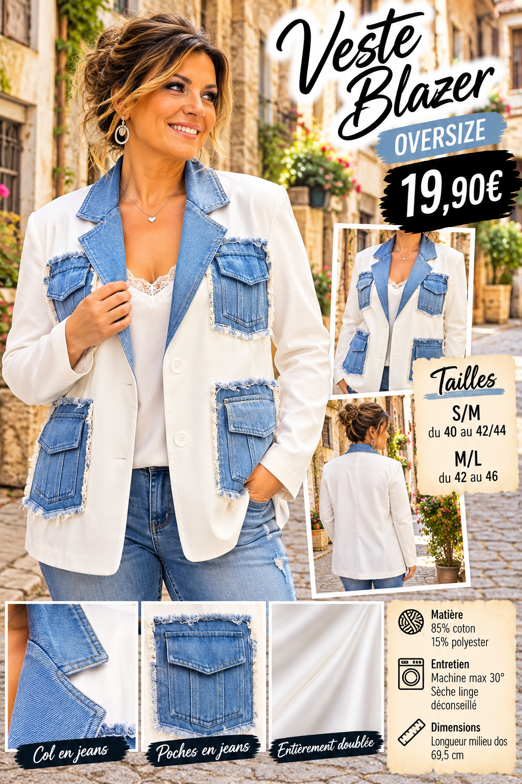 226 Veste Blazer Oversize – Col et poches en jeans Coloris BLANC