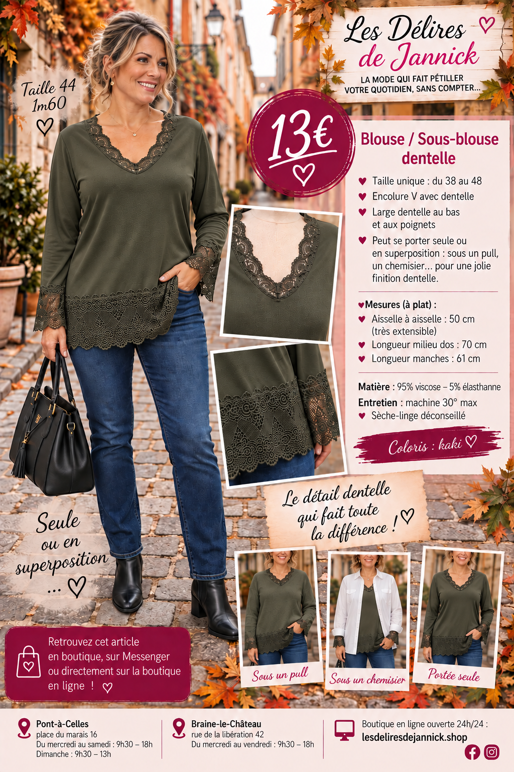 157 BLOUSE / SOUS-BLOUSE DENTELLE – L’ÉLÉGANCE JUSQU’AU MOINDRE DÉTAIL 🤍Coloris KAKI