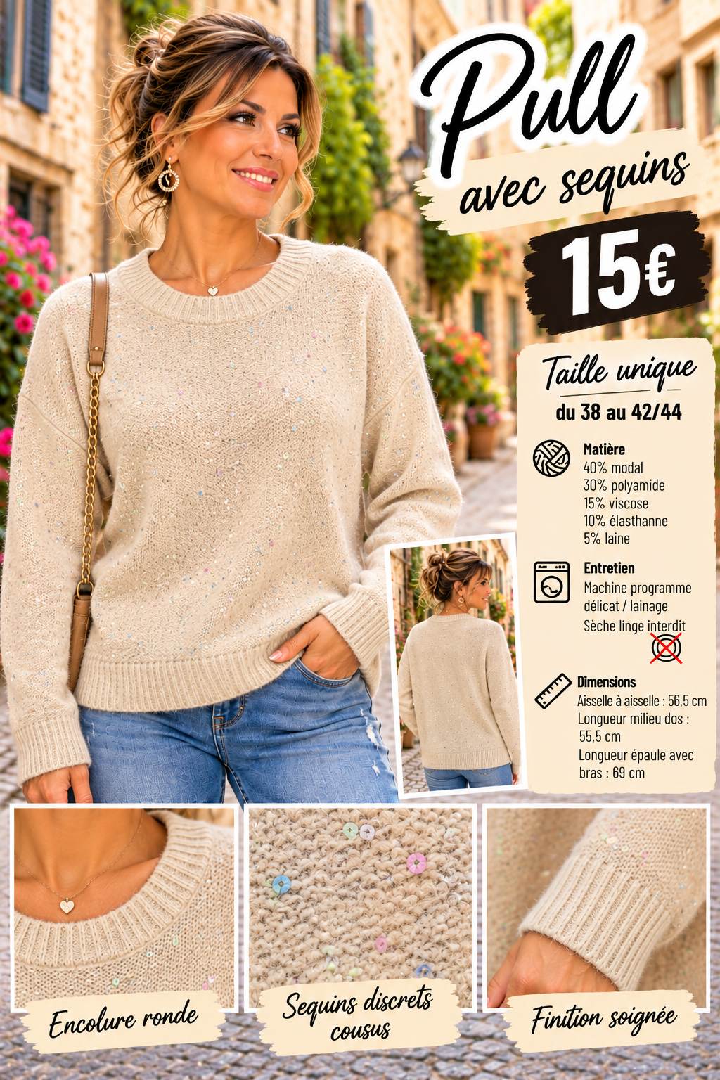 219 Pull en maille douce à sequins discrets – Col rond Coloris BEIGE