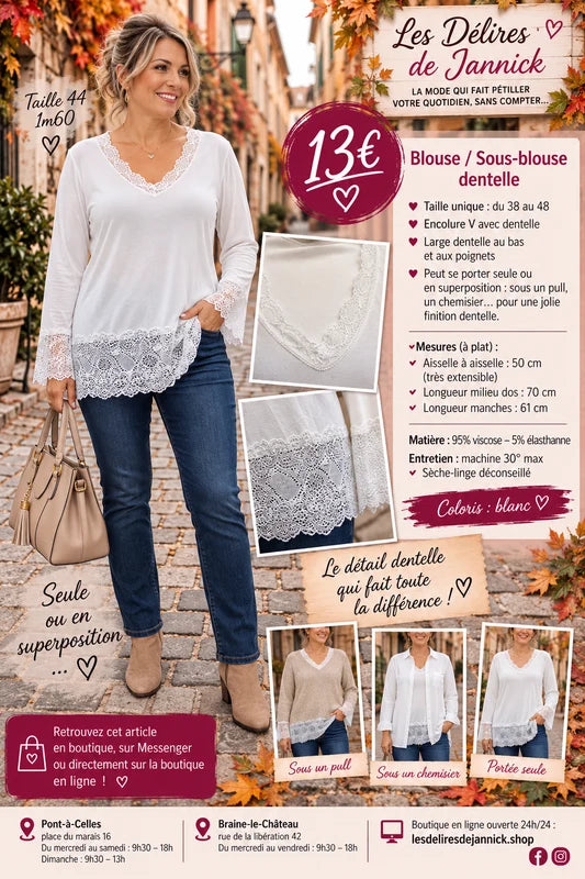 157 BLOUSE / SOUS-BLOUSE DENTELLE – L’ÉLÉGANCE JUSQU’AU MOINDRE DÉTAIL 🤍Coloris BLANC