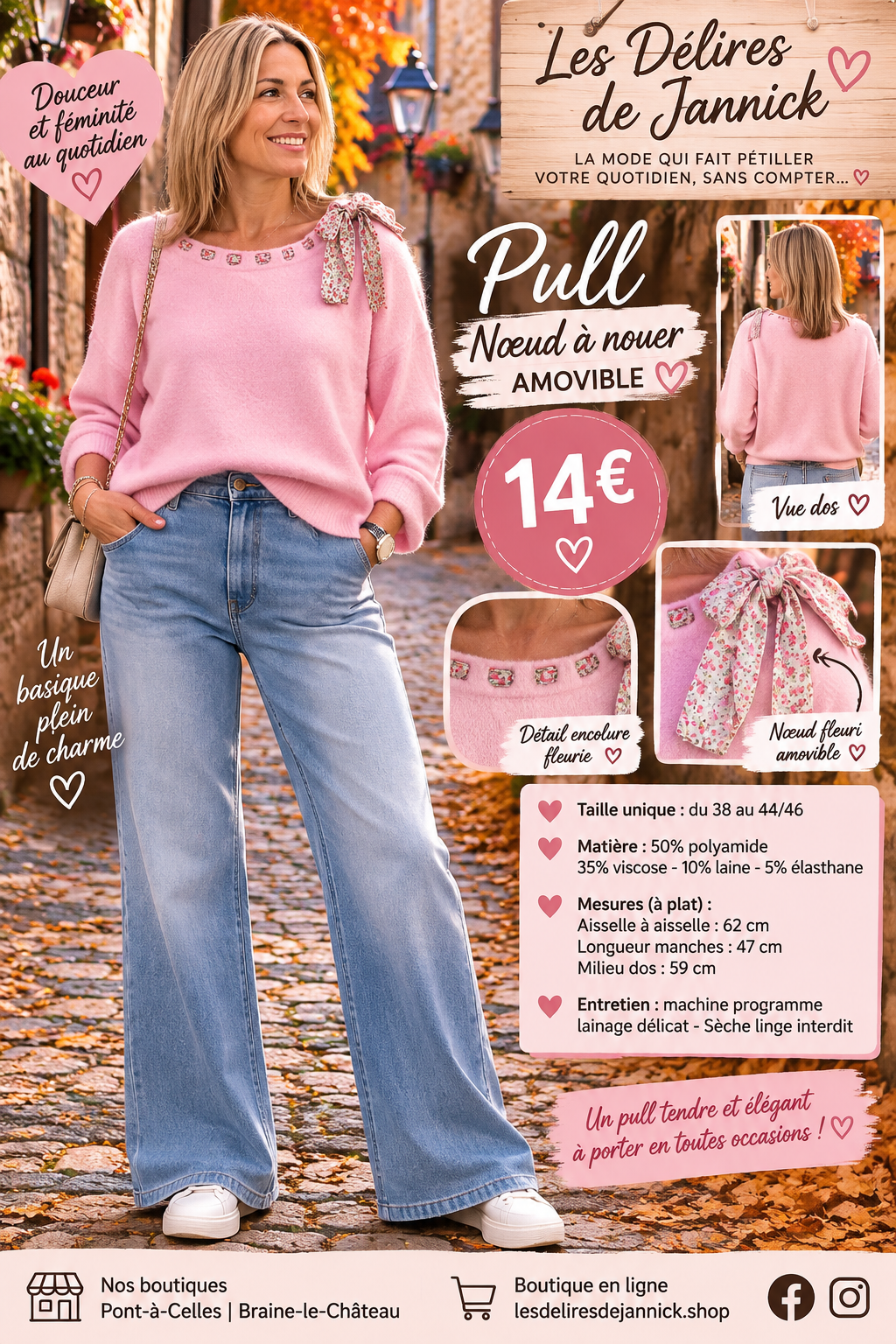 *115 🌸 PULL DOUX & FÉMININ – LE DÉTAIL FLEURI QUI FAIT CRAQUER ! 🌸Coloris ROSE