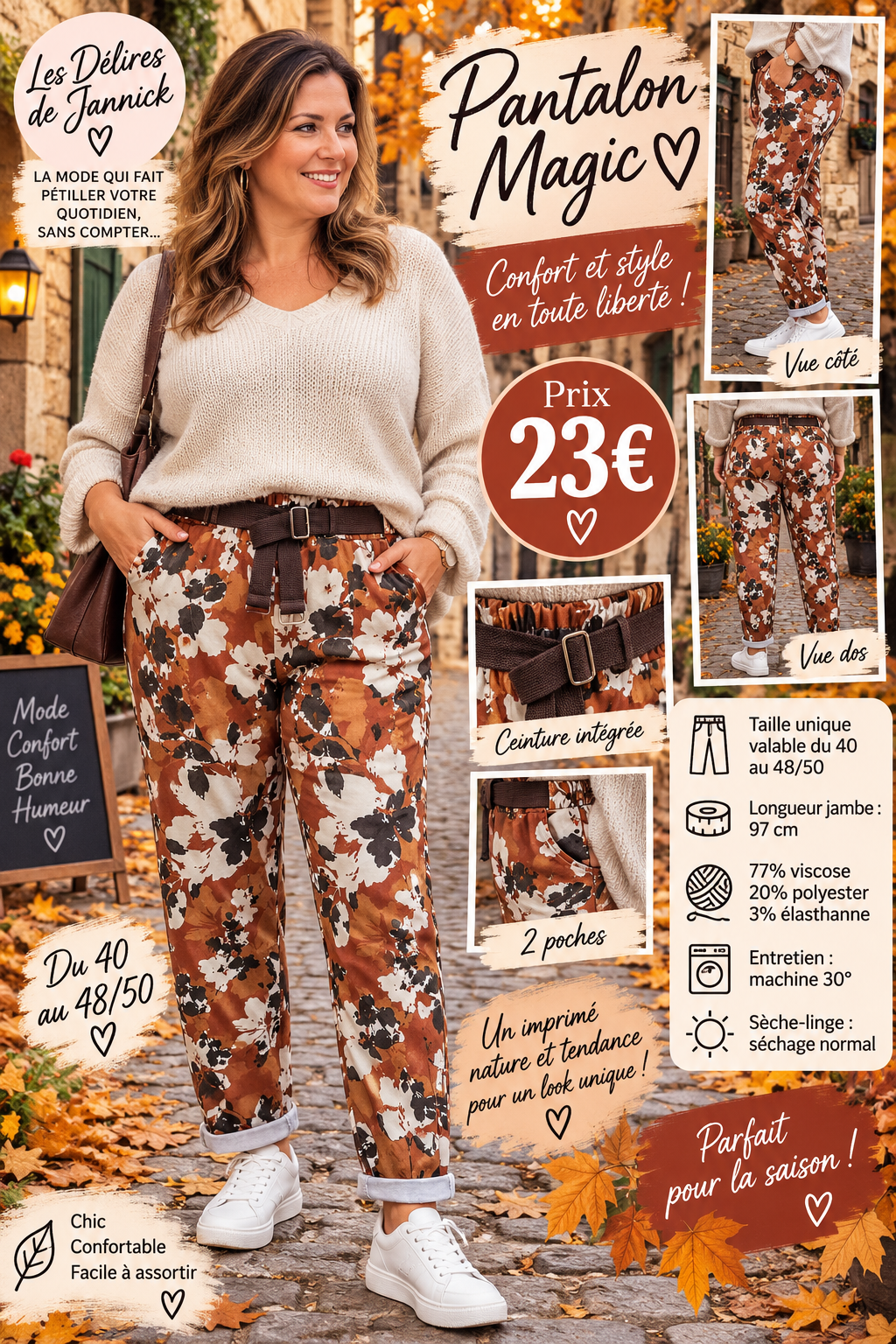 *75 🍂 PANTALON MAGIC IMPRIMÉ FLEURI 🍂 Colori BRIQUE