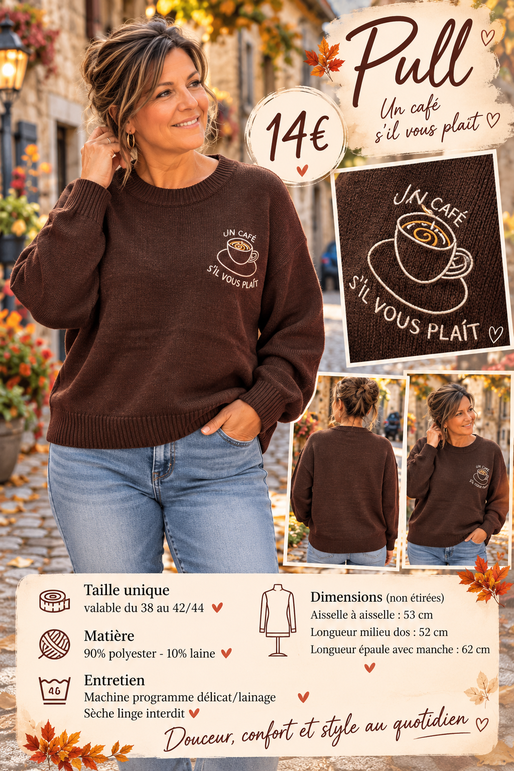177 đž PULL BRODà « UN CAFĂ SâIL VOUS PLAĂT » âđ€Coloris CHOCO