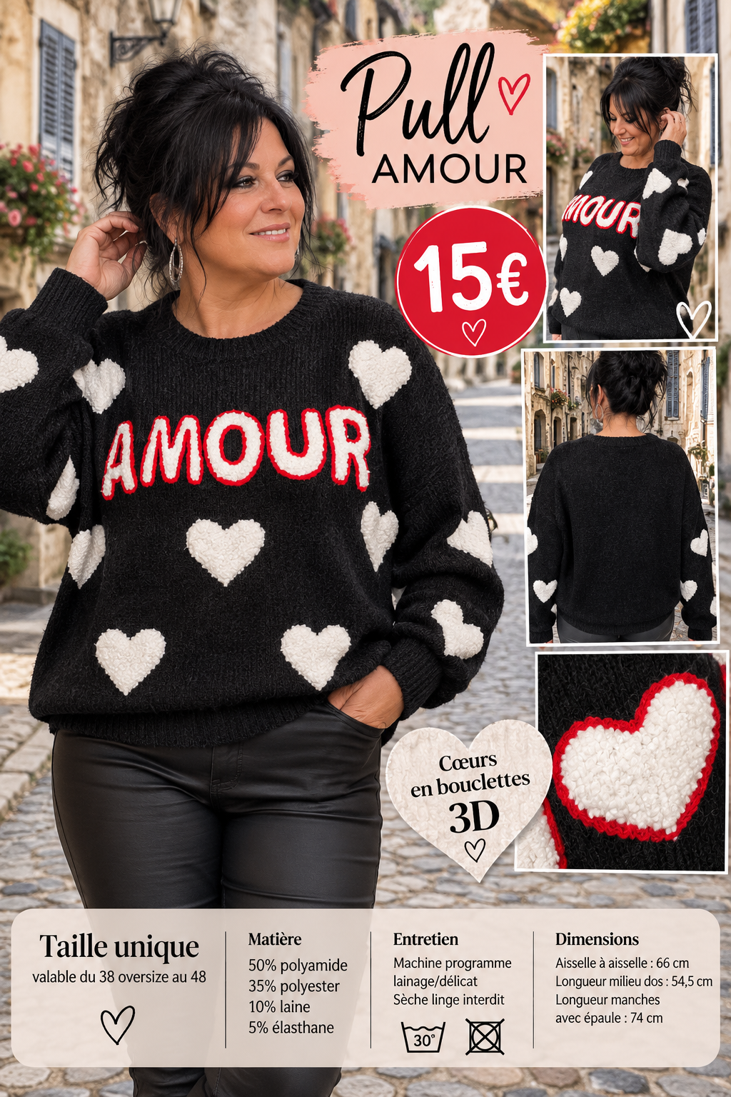 222 ❤️ PULL « AMOUR » – Douceur, confort et fantaisie ❤️Coloris NOIR